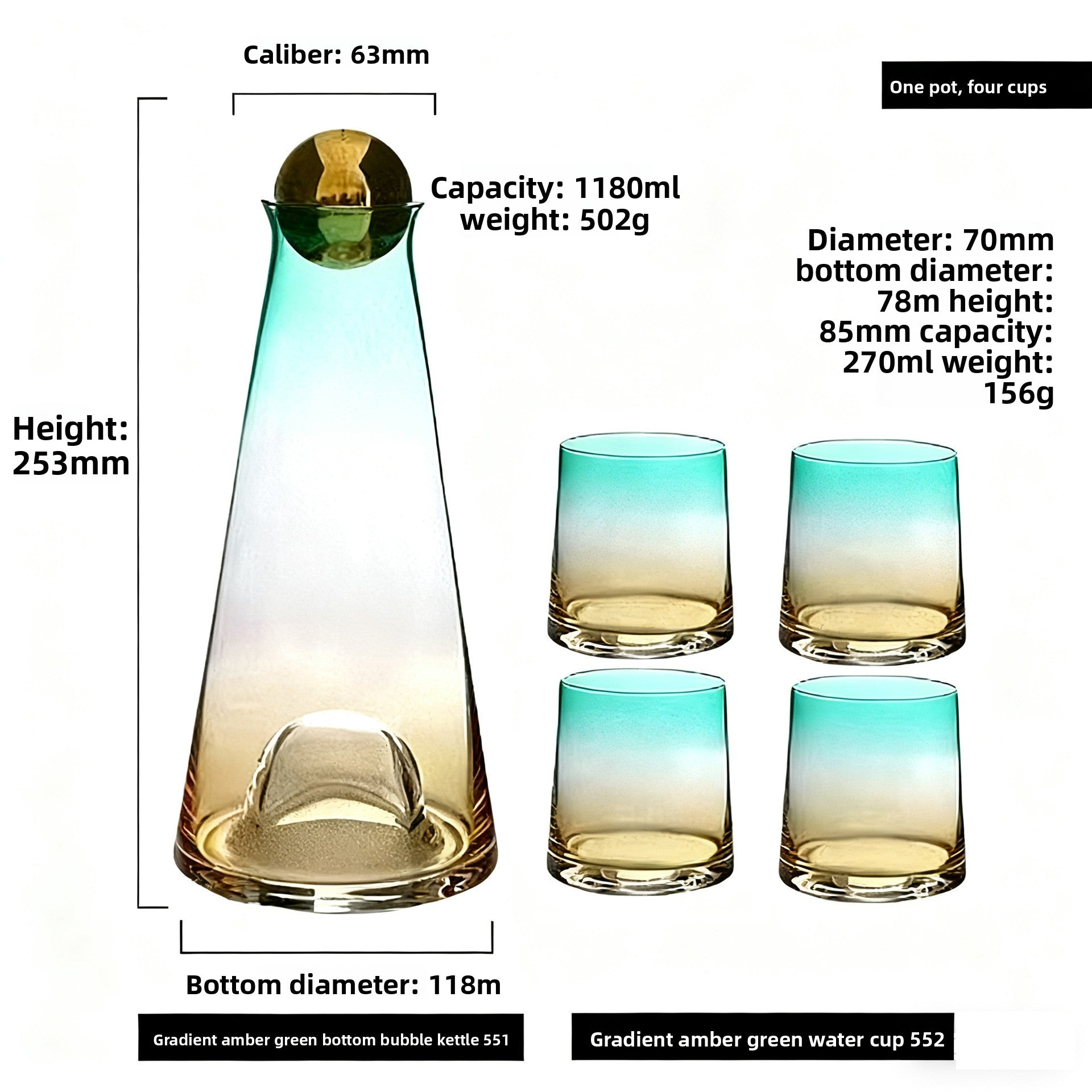 Crystal Glass Gradient Pitcher Set With Stainless Steel Lit & Cups