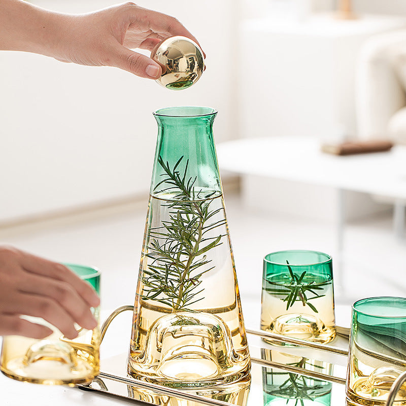 Crystal Glass Gradient Pitcher Set With Stainless Steel Lit & Cups