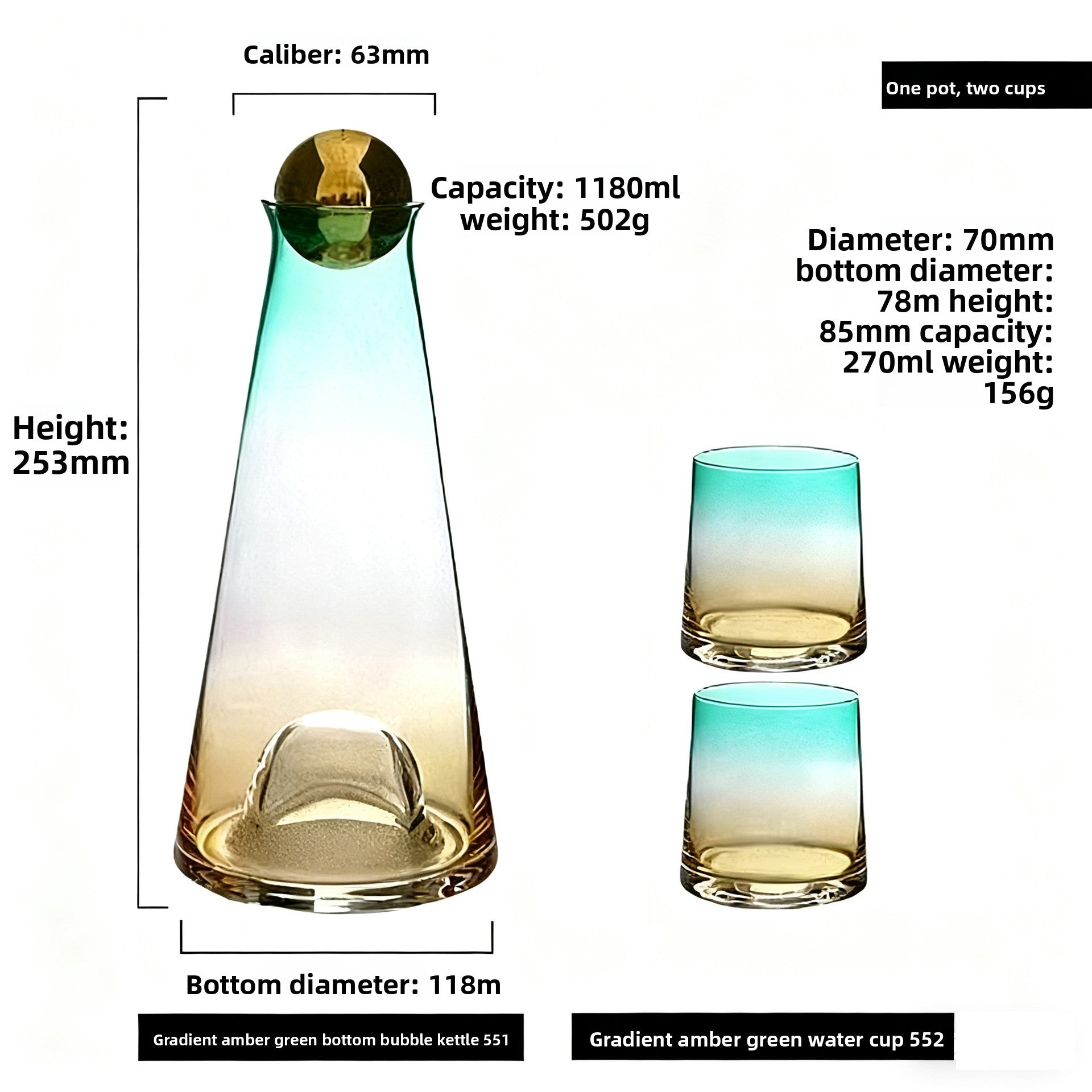 Crystal Glass Gradient Pitcher Set With Stainless Steel Lit & Cups